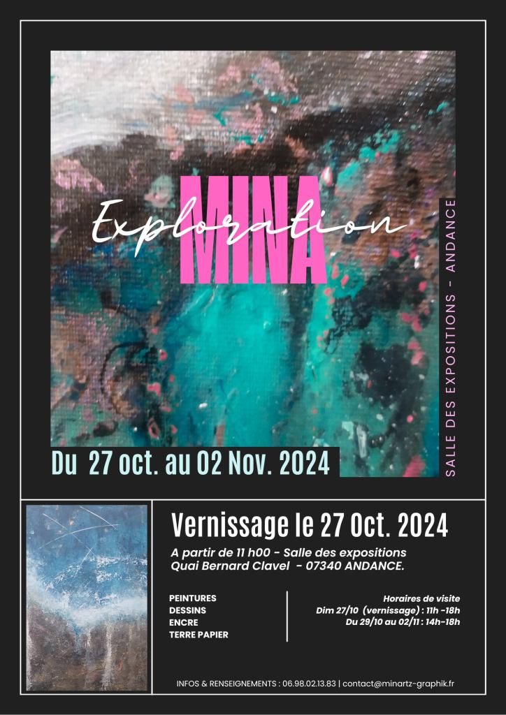 Mina, artiste-peintre de Moras-en-Valloire, vous invite à une aventure visuelle.
Elle expose. Et rien de ce qui suit n'est à manquer.
Depuis des années, elle explore les profondeurs de l'art.
Pour cela, elle a :
- Maîtrisé la peinture, le dessin, l'encre, la terre-papier
- Créé des œuvres qui ont touché des milliers de personnes
- Passé des milliers d'heures à perfectionner son art
Et elle a compris que chaque œuvre est une nouvelle exploration.
Elle a donc décidé de partager cette exploration avec vous.
"Exploration" est née.
Le concept ?
Une exposition qui vous emmène dans un voyage visuel à travers ses différentes techniques.
Pour la réaliser, elle a puisé dans son expérience et sa passion.
L'exposition aura lieu du 27 Octobre au 2 Novembre 2024 à la salle des expositions Quai Bernard Clavel à Andance.
Le vernissage, le Dimanche 27 Octobre 2024 à partir de 11h, est ouvert à tous.
Et les retours promettent d'être incroyables.