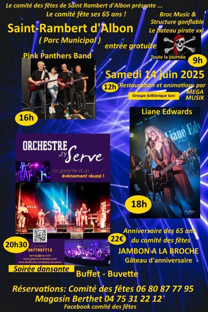 Le samedi 14 juin 2025, la ville de Saint-Rambert-d'Albon (Drôme) célèbrera les 65 ans de son Comité des Fêtes avec une journée exceptionnelle, festive et gratuite, au Parc de Bonrepos.
Au programme : concerts live, animations pour toute la famille, brocante musicale, repas festif, et soirée dansante !
