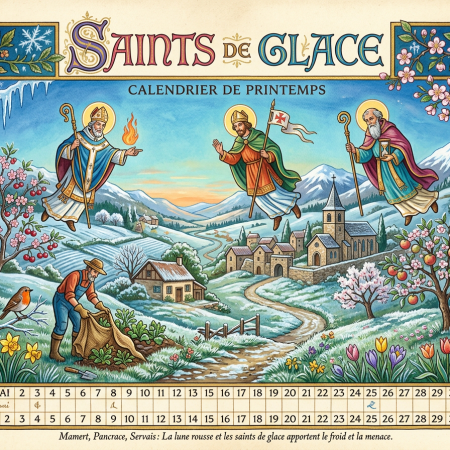 Spring calendar featuring saints, a farmer planting crops, village, and flowering trees in a mountainous landscape